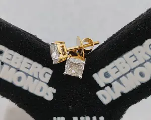 2 Carat Cushion Cut Diamond Stud Earrings, 14k/18k Gold Solitaire Screw Back