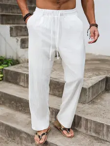 Men's Casual Linen Pants Solid Color Plain Old Money  Loose Fit Elastic Drawstring Waist Straight Legs Bottoms Casual Summer Lighweight Breathable   Soft Yoga Beach Long Pants with Pockets Wedding Partise Vacation Daily Going Out Dating Club Lounge Wear