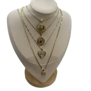 Choose on Live Necklace with Pendant - Gold-Tone Layered Chain Set Featuring Virgin Mary & Heart 14k laminated