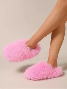 Women's Solid Color Fluffy Plush Non-slip Rubber Sole Slippers, Casual Soft Comfortable Home Slippers, Warm Slippers for Indoor & Outdoor Use for Fall & Winter Footwear