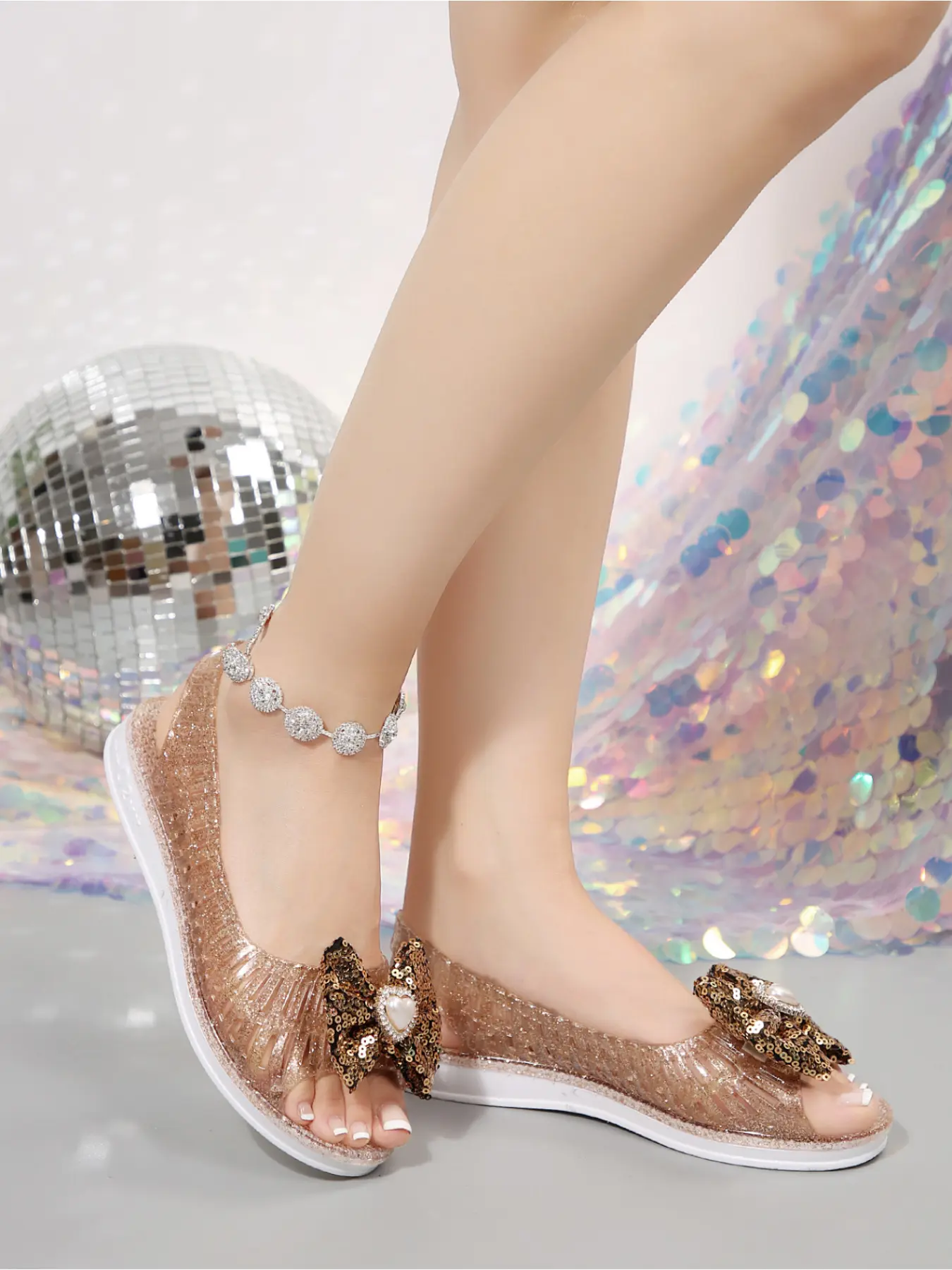 Women's Clear Jelly Casual Trendy Sandals with Pearl Bow, Non-Slip Flat Slides for Casual & Dressy Wear