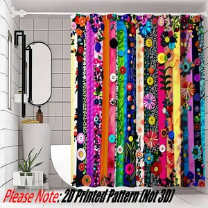 Vibrant Eclectic Shower Curtain, Colorful Button Designs, Bold Stripes, Stylized Flowers, Abstract Patterns, Festive Bathroom Decor