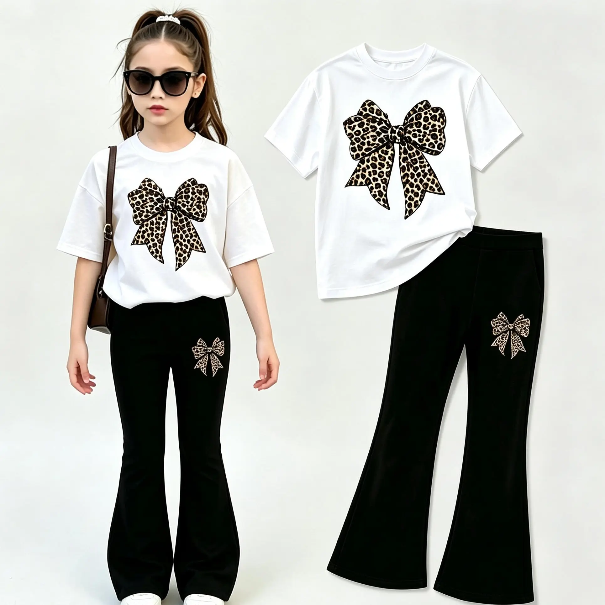 Girls Back to School Outfit Set, Leopard Bow Graphic T-Shirt and Flare Leggings 2 Piece Matching Set, Cute Casual Clothes for Little Girls Big Girls Tween Girls Ages 4-16