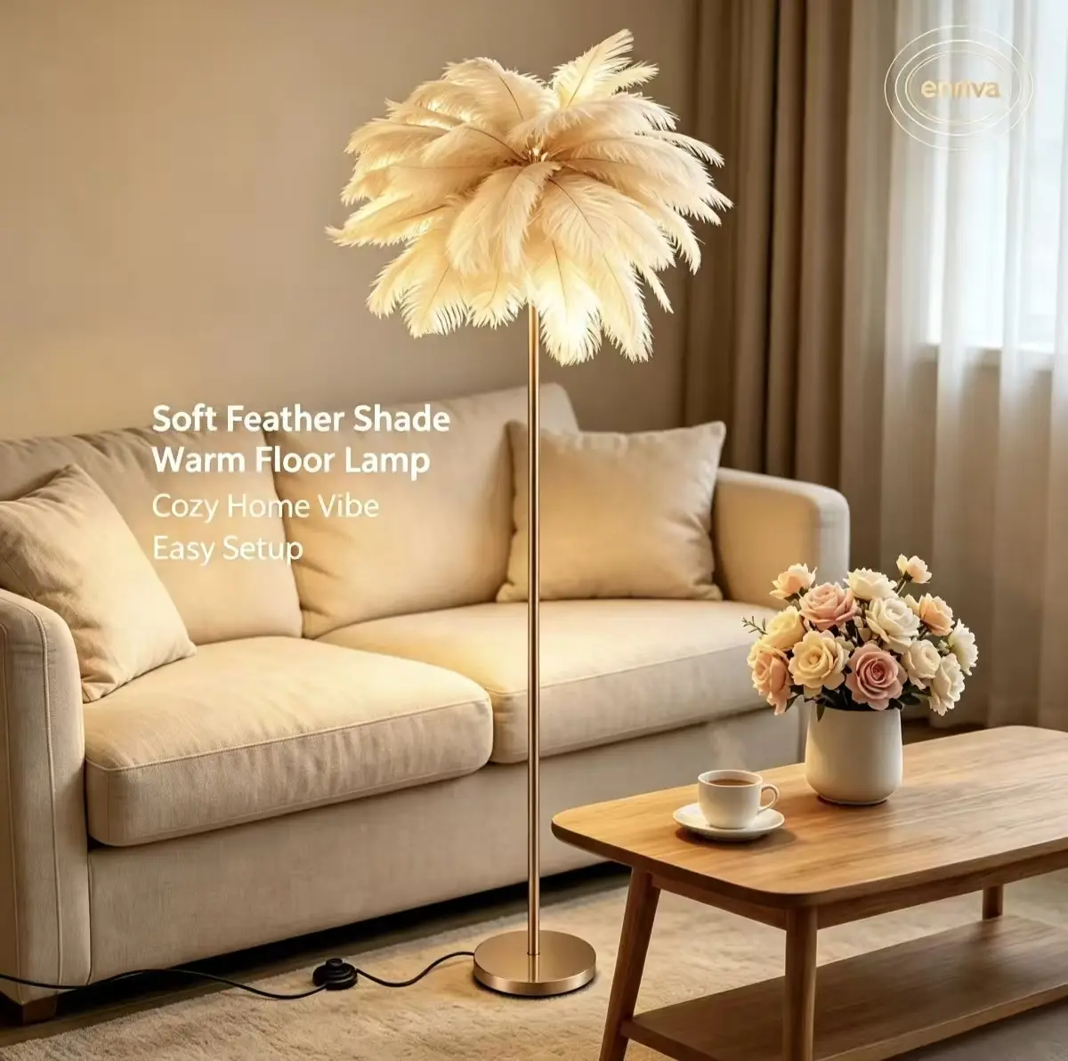 Ennva 63in Gold Fluffy Ostrich Feather Floor Lamp - 3-Color Temperature LED Modern Corner Light, Ambient Mood Bedroom Decor, Decorative Home Essentials, Ideal Housewarming Gift, Mood Lighting