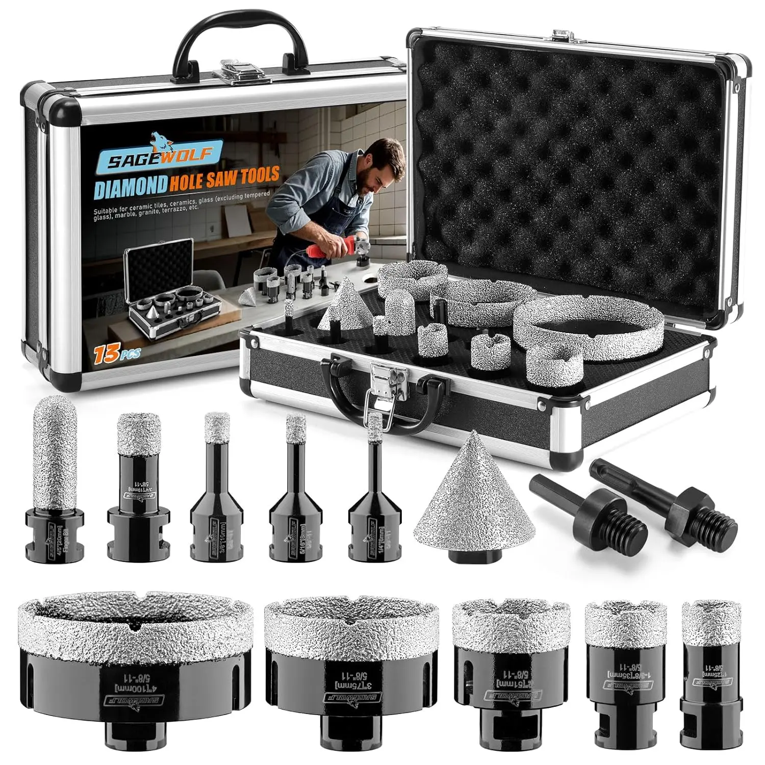 13 PCS Diamond Hole Saw Kit - Tile Drill Set with 6mm,5/16"(8mm),10mm,3/4"(19mm),1"(25mm),35mm,51mm,75mm,100mm,2"(50mm) Beveling Chamfer,4/5"(20mm) Finger Bit & SDS Adapter for Ceramic, Granite