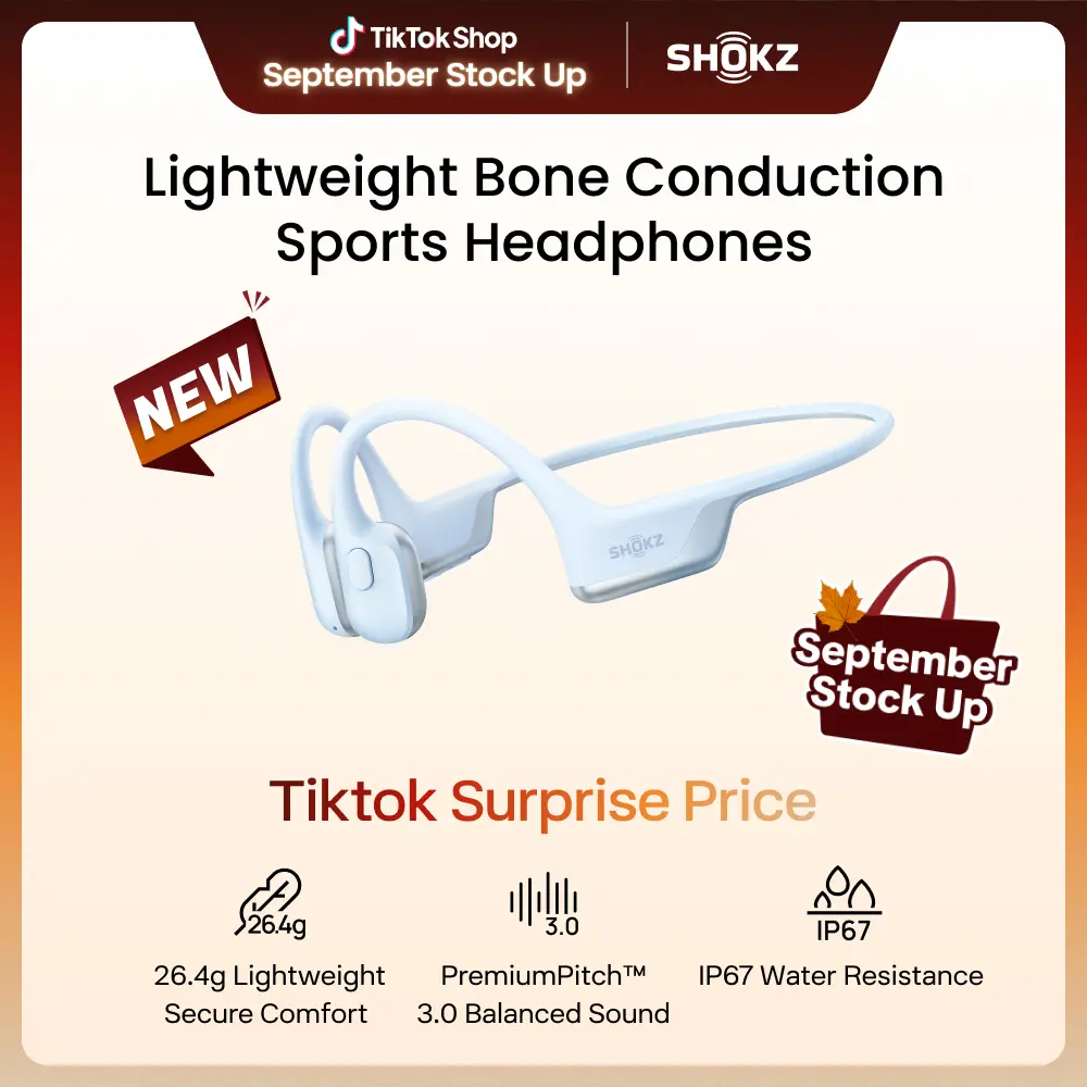 SHOKZ OpenRun Air 2 Bone Conduction Open-Ear Bluetooth Headphones 26.4g lightweight; Secure fit; PremiumPitch 3.0 sound; IP67; 10H battery; Running/cycling/hiking