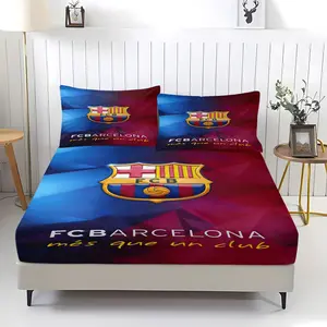 Barcelona Football Club printed bed sheet with pattern, including 1 bed sheet and 2 pillowcases, anti slip dust cover suitable for bedrooms and guest rooms, suitable for personal use or gift giving