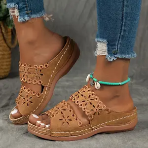 [Floral Cutout Sandals] Comfortable Women's Brown Synthetic Leather Slide Sandals - Open Toe, Floral Cut-Out Design, Soft TPU Sole, Summer Footwear for Casual Wear