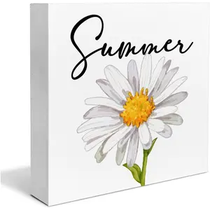 X-SO13 Summer Decor, Country Daisy Summer Wooden Sign Decor Desk Sign Summer Wooden Block Sign Rustic Home Shelf Wall Decoration Box