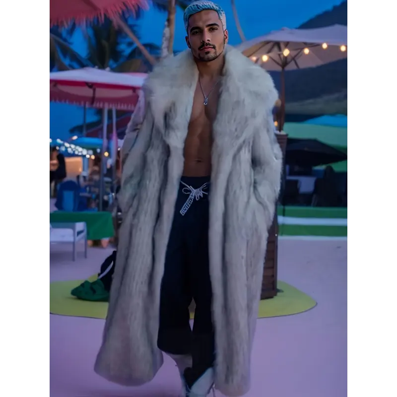 Men's Casual Warm Faux Fur Long Overcoat For Fall Winter Performance Nightclub Party Dinner Fabric Menswear