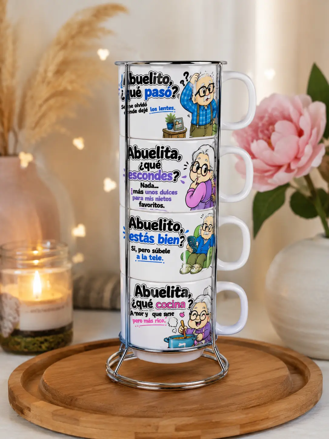Abuelitos Coffee Mug Set with Metal Stand | 4 Ceramic Cups | Funny Spanish Gift for Grandparents
