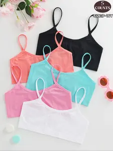 5-Piece Set Cute Girls' Comfortable Daily Strapless Tank Tops, Breathable Soft Single Layer Toddler Underwear, Casual Sporty Student Bra 7-16 Years