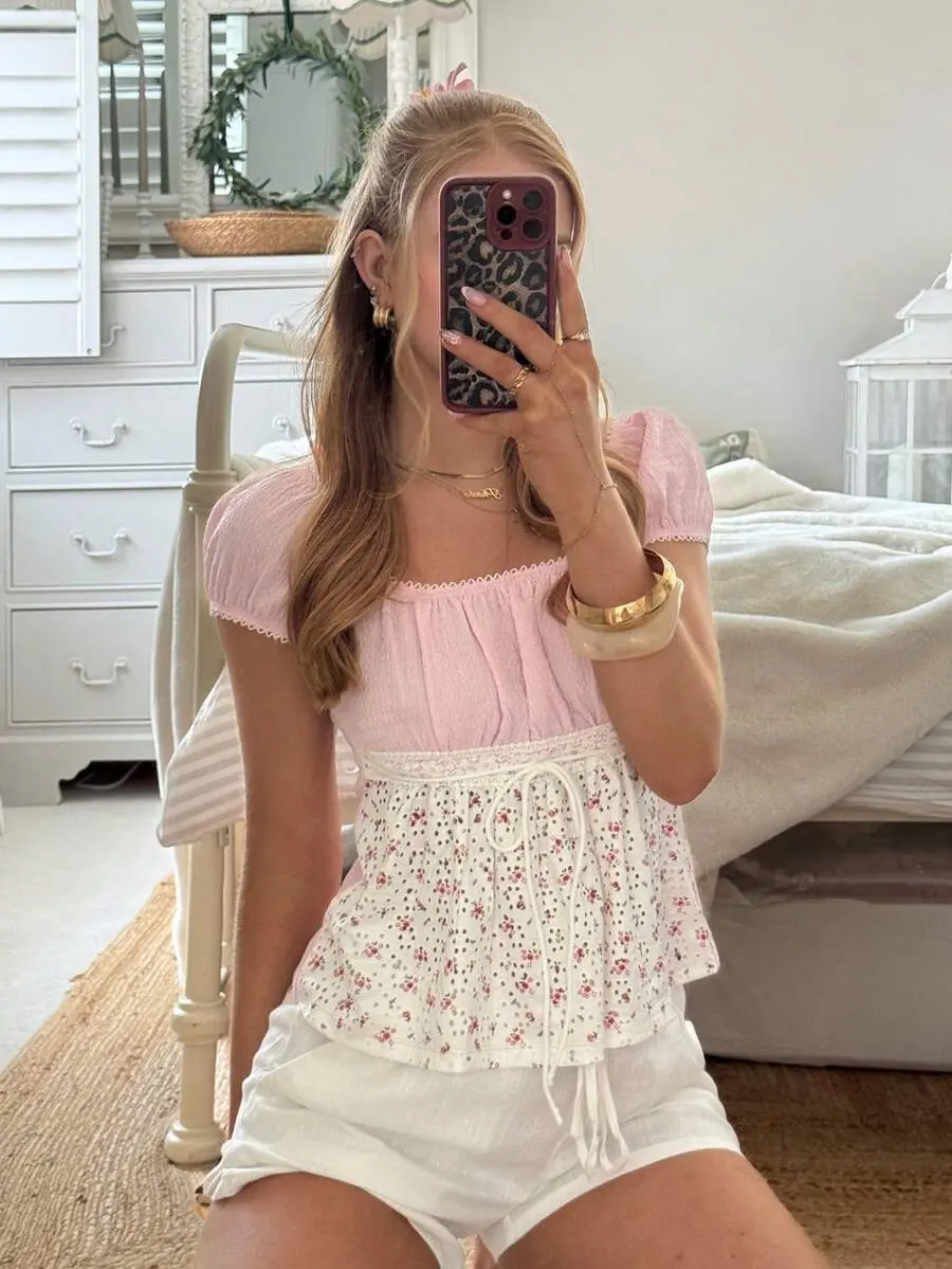 Women's Ditsy Floral Square Neck Short Sleeve Tie Front Casual T-Shirt Smocked Top Milkmaid Pink Babydoll Cute Summer Girly
