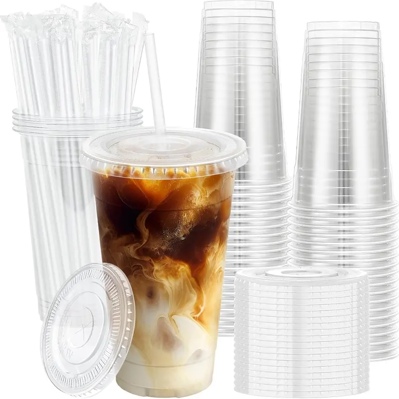 50-Set Durable Disposable Plastic To-Go Cups (32oz Thick, BPA-Free, Eco-Friendly, Resistant) with Secure No-Spill Lids & Straws, Leak-Proof Show-Through Cups for Boba Served Cleanly, Iced Drinks, Business Use