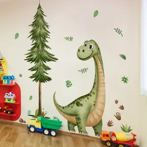 A set (30*90cm*4pcs) of hand-painted dinosaur and big tree leaf wall stickers for home background decoration, B16013