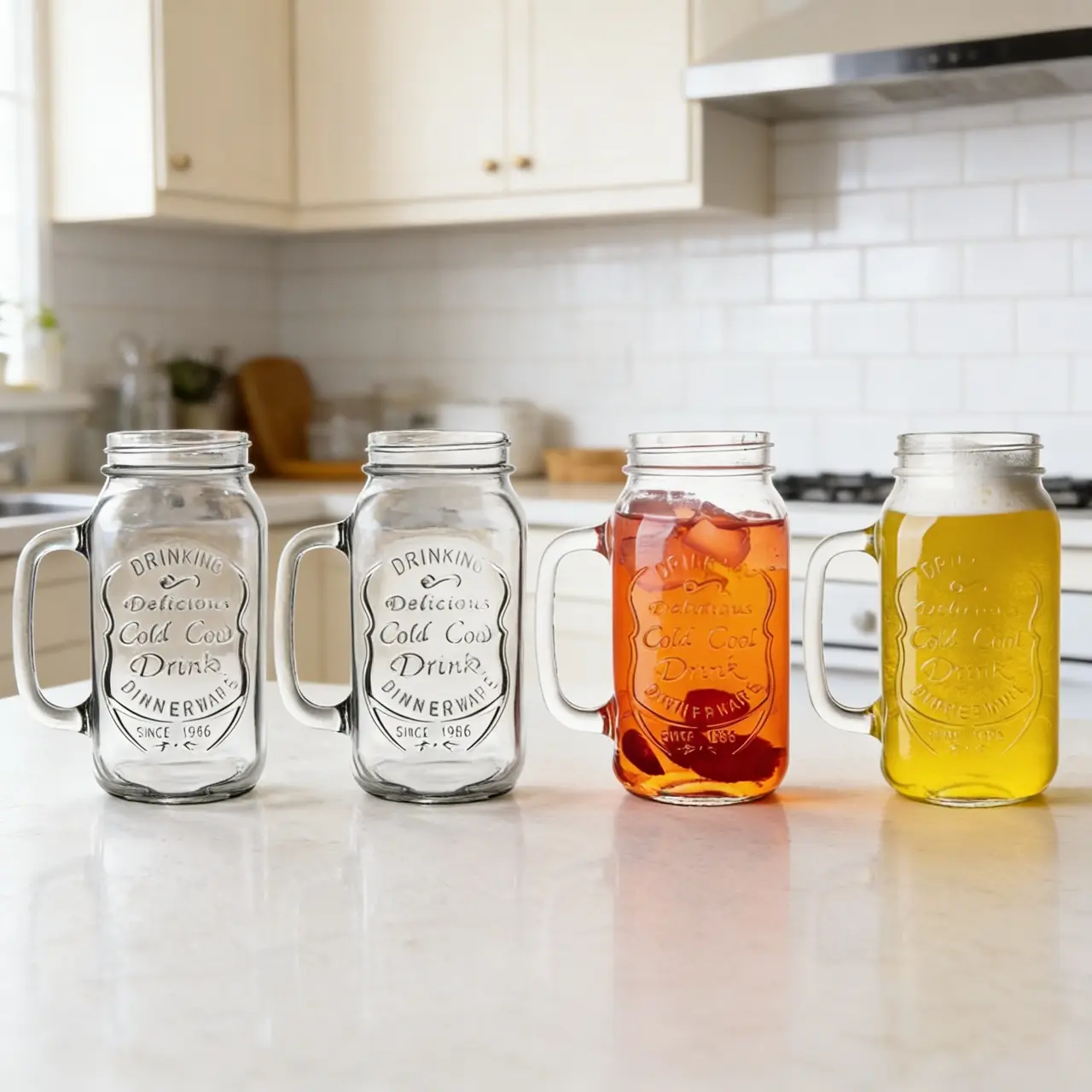 【4-Piece】24oz Sturdy Classic Mason Jar Drinking Glasses with Handles, Wide-Mouth Iced Coffee Cups for Smoothie, Cold Water, Four Pieces