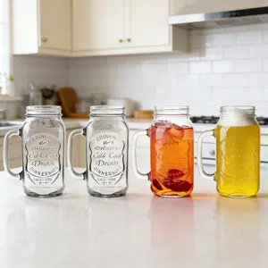 【Set of 4】24 OZ Mason Jar Drinking Glasses for Party Beverages Materials and Jars with Comfortable Handle Easy to Clean in the Dishwasher