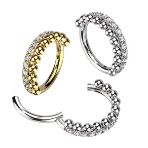 16G Double Hoop Ring Beaded Clicker Hoop Earring Septum Ring Nose Cartilage Tragus Conch Helix Daith Piercing Seamless Hinged Silver Gold