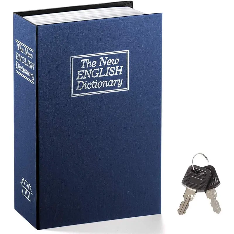 Large Navy Book-Look Secure Lock Box - SM-BS004NL Rectangular Key-Lock Design Steel Safe, Single Home Valuables Organizer with Fabric Cover, 2 Keys, Anti-Theft Storage Box Deters Theft, Travel-Ready