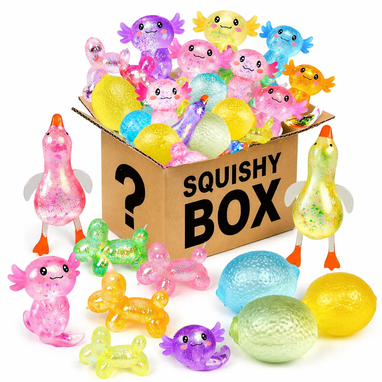 4 Pack Large Glitter Maltose Squishy Fidget Toy Set, Random Axolotl Duck Lemon Balloon Dog Stress Relief Squeeze Toys, Anxiety Sensory Toys for Kids Adults, Ships from US Warehouse
