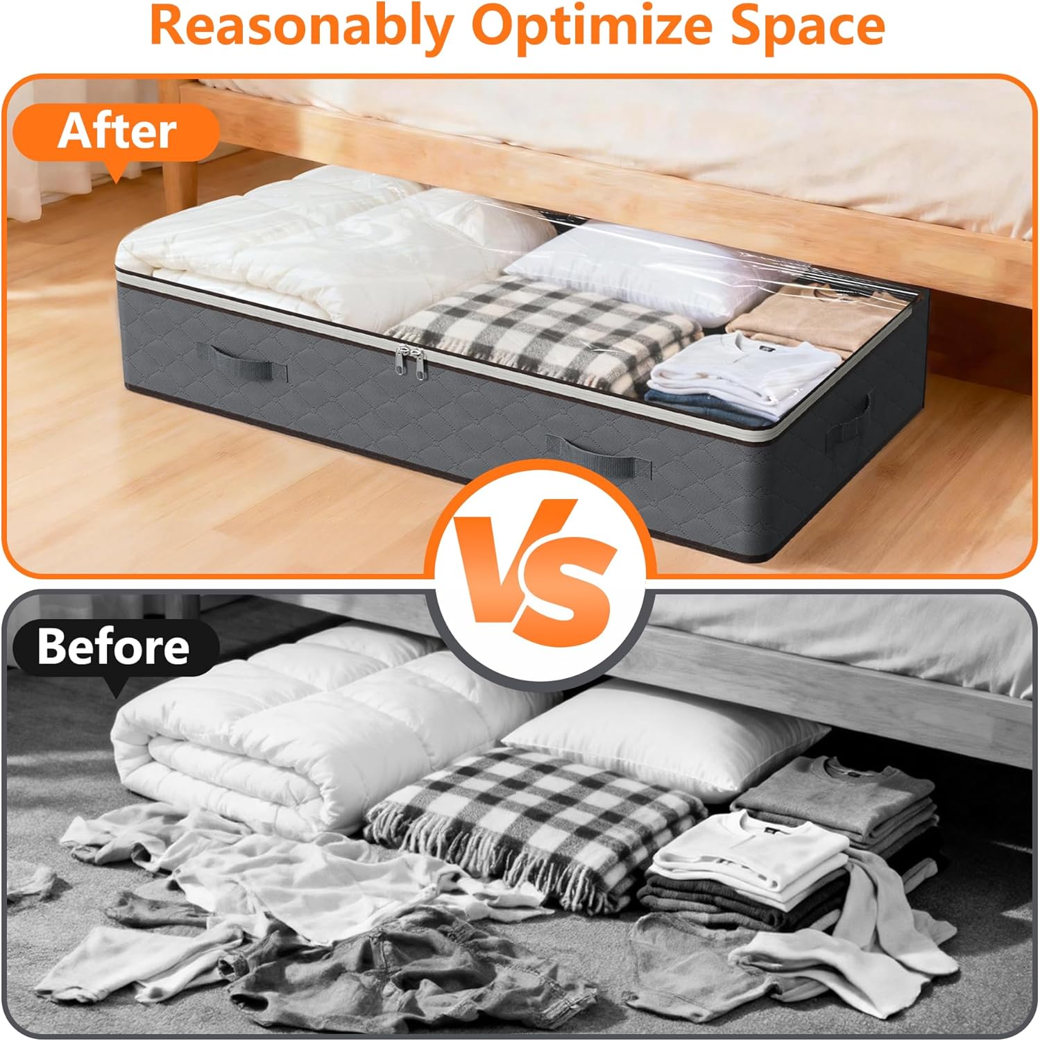 UNIQDESIGN Minimalist 90L Under Bed Storage Containers, 2-Pack Grey Travel Organizers with Visible Transparent Top Lids, Full Zip Closure for Student Clothes, Window Nook Organization