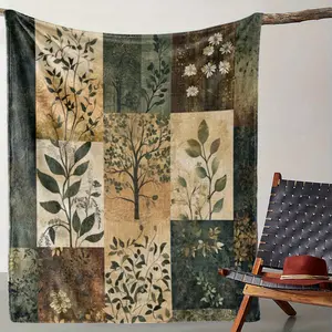 1pc Flannel Throw Blanket - Vintage Patchwork Plant Floral Print, Warm Decorative Blanket for Sofa, Bed, Comfortable Gift Idea for Home Use