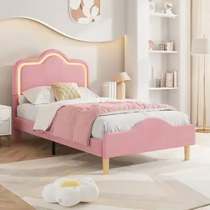 LED Upholstered Bed Frame for Kids/Girls - Adjustable LED Headboard & Footboard, Princess Pink Soft Platform, Wooden Slats, Sturdy Support, No Box Spring Needed, Bedroom Furniture