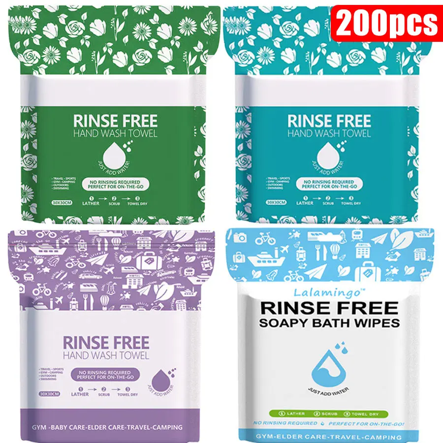 200 Pcs No-Rinse Disposable Bubble Bath Cleansing Towels. Rub with water to create foam, no rinsing required, clean your body anytime and anywhere. Suitable for swimming, fitness, travel, hiking, parties and gatherings. Size: 30*30cm, 25 pcs per pack.