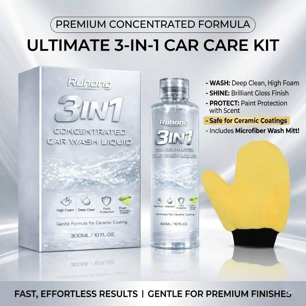 3 in 1 Car Wash Soap Kit Concentrated Liquid High Foaming Shampoo Extreme Gloss Boost Hydrophobic Protection Safe for All Vehicles Detailing 300ml