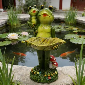 Frog Garden Statue with Leaf Tray - 11.8In Tall Resin Frog Sculpture (Parent & Baby Frog) for Outdoor Patio Decor, Yard Ornament, Entryway Key Holder