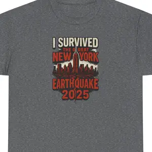 I Survived The Great New York Earthquake 2025 T-Shirt Funny Graphic Tee Unisex Casual Cotton Tee with Distressed Print and Ribbed Collar