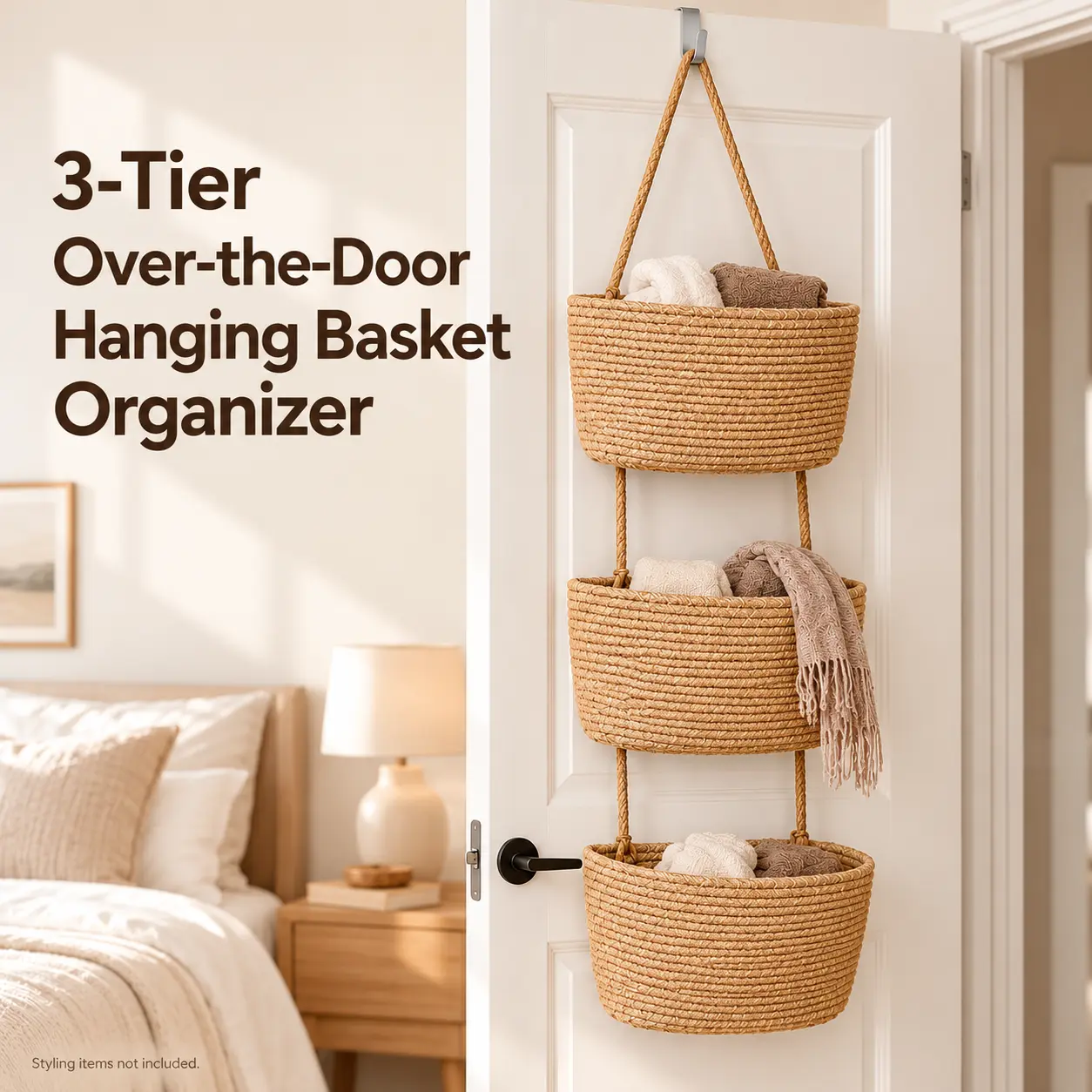 3-Tier Hanging Organizer with Over-Door Hook for Everyday Essentials Neatly Stored in Natural Jute Material,3-Tier Woven Over-the-Door Hanging Basket Organizer with 1 Metal Hook, Brown Decorative Storage for Bathroom Towels, Skincare, Nursery Diapers