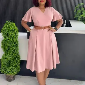 Elegant women’s puff-sleeve slim pleated pencil dress for summer/spring 2025; solid round-neck bodycon midi dresses; ladies slim-fit formal womenswear; check light gamis basic chic minimalist short-sleeve sky-blue V-neck