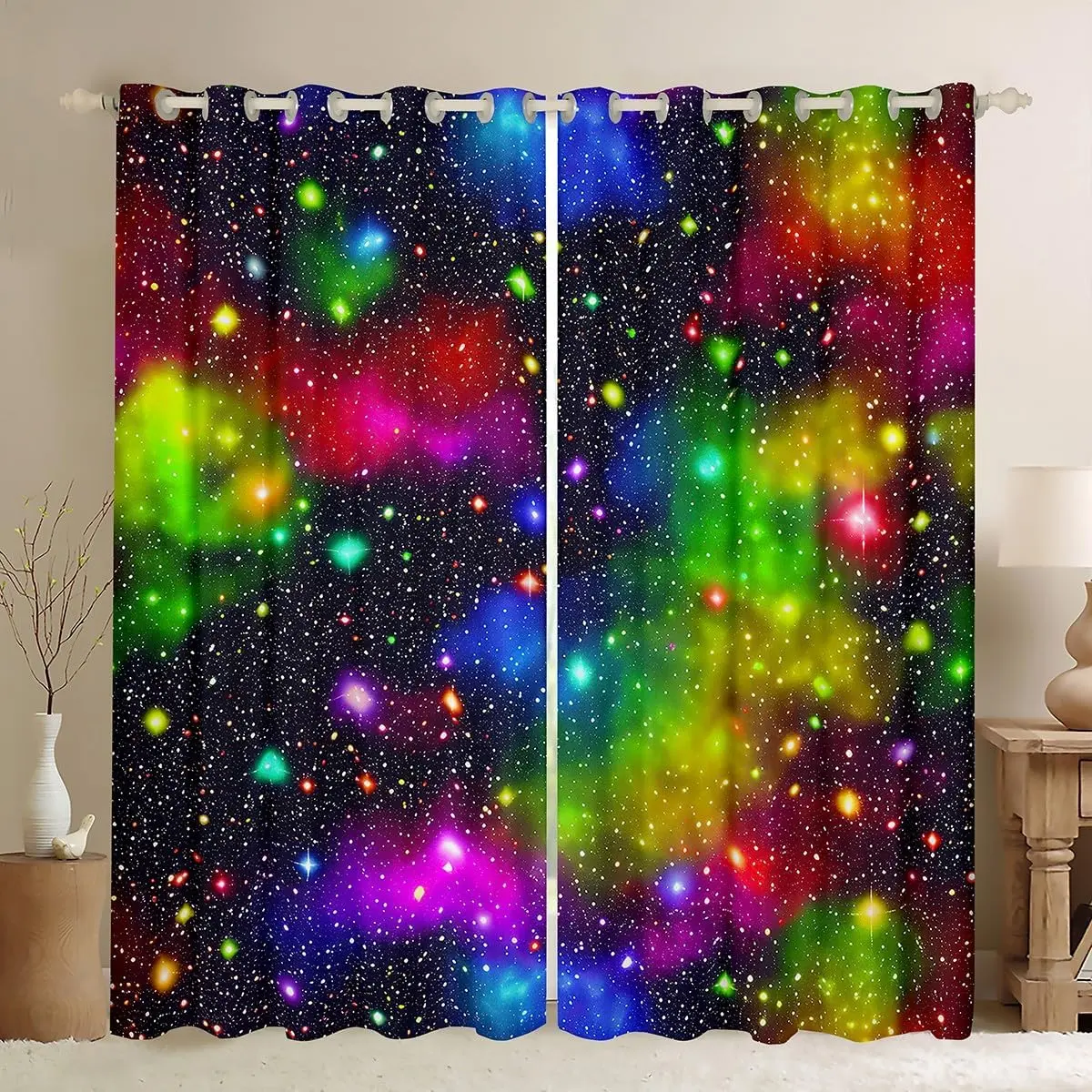 Galaxy Curtains Colorful Rainbow Outer Space Curtain for Bedroom Nebula Universe Starry Sky Thermal Windows Drapes Colorful Star Home Decoration Set of 2 Panels