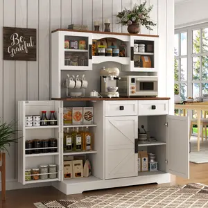 Loomie Kitchen Pantry Storage Cabinet with Hutch, Food Pantry Cabinet with Wine Glass Holder, Freestanding Hutch Cabinet with Microwave Stand,Tall Kitchen Cabinets with Adjustable Shelves for Kitchen