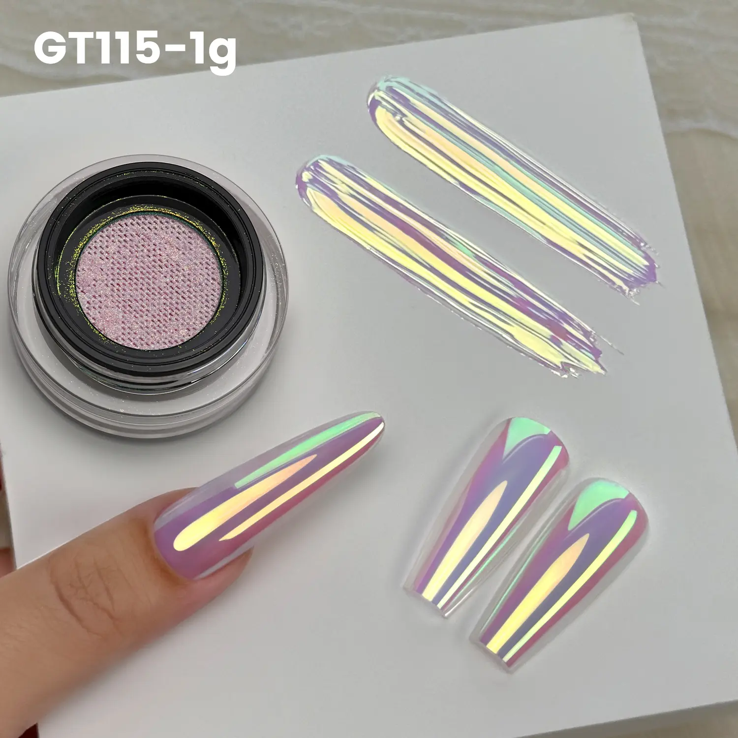 YOKEFELLOW GleamTap Cushion Aurora Chrome Nail Powder 1g GT115 Ethereal / Pink Lilac with Gold Sheen Nail Chrome Powder Magic Mirror Effect Super Shine Aurora Metallic Chrome Powder Mirror Powder Nail Art Glitter Decoration for Home DIY Salon Manicure