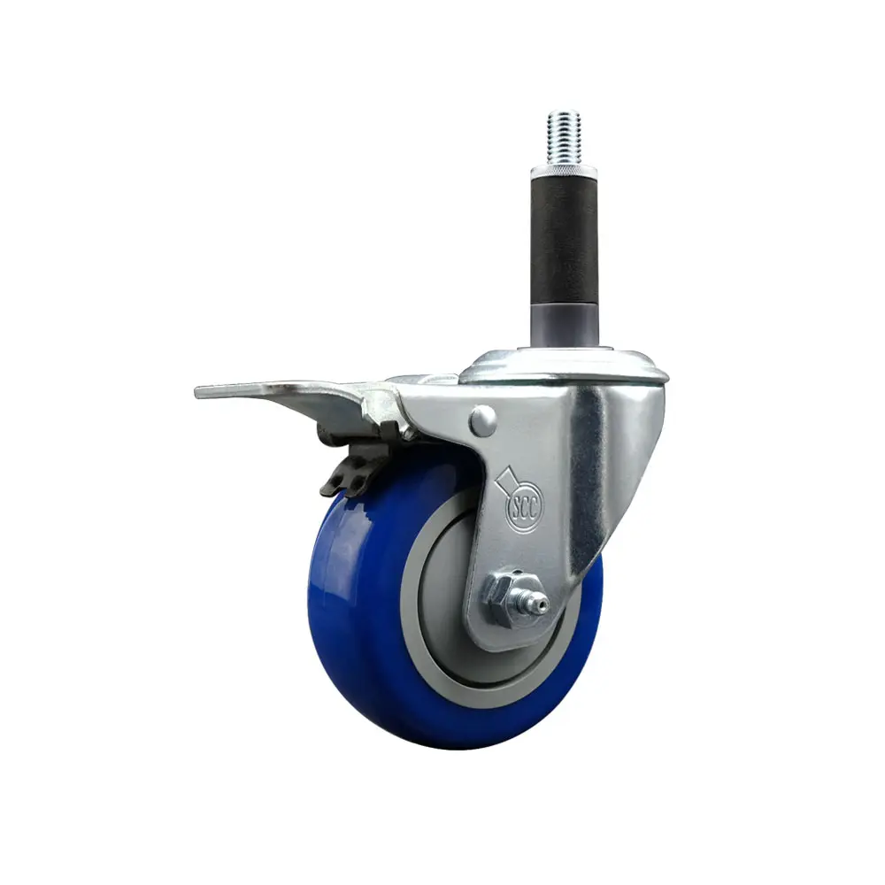 212 MAIN SCC-EXTTL20S3514-PPUB-BLUE-1 Polyurethane Expanding Stem Lockable Swivel Caster, 3.5 in. Furniture Moving Wheel, 1 in. Stem, Total Locking Brake, for Round/Square Tubes, 300 lbs Load, Ideal for Shop Projects
