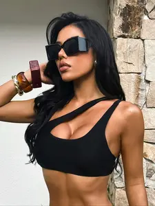 Women's Ribbed Cutout One-Shoulder Crop Top - Y2K Edgy Party Festival Outfit, Black Form-Fitting Clubwear, Minimalist Streetwear, High-Cut Chest Hollow Design, Stretch Ribbed Fabric, Hot Outdoor Rave Seaside Vacation, Bold Asymmetric Fashion