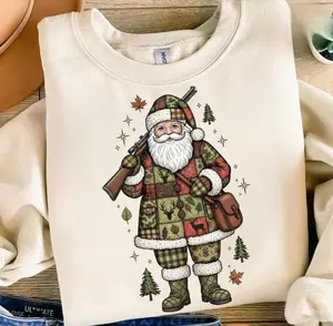 Santa Hunting Sweatshirt, T-Shirt, Hoodie, Rustic Patchwork Camo Christmas Hunter Shirt, Christmas Shirt, Hunting Season Hoodie, Camo Shirt, Camouflage Tee, Xmas Gift