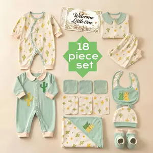 Boy's clothes + baby supplies, complete set of daily items for newborns, 0-3 months old, a total of 18 sets, 3-piece set including clothes, bib, hat, bib, and mittens, long-sleeved summer-autumn baby set, baby one-piece dress, baby baptism gift