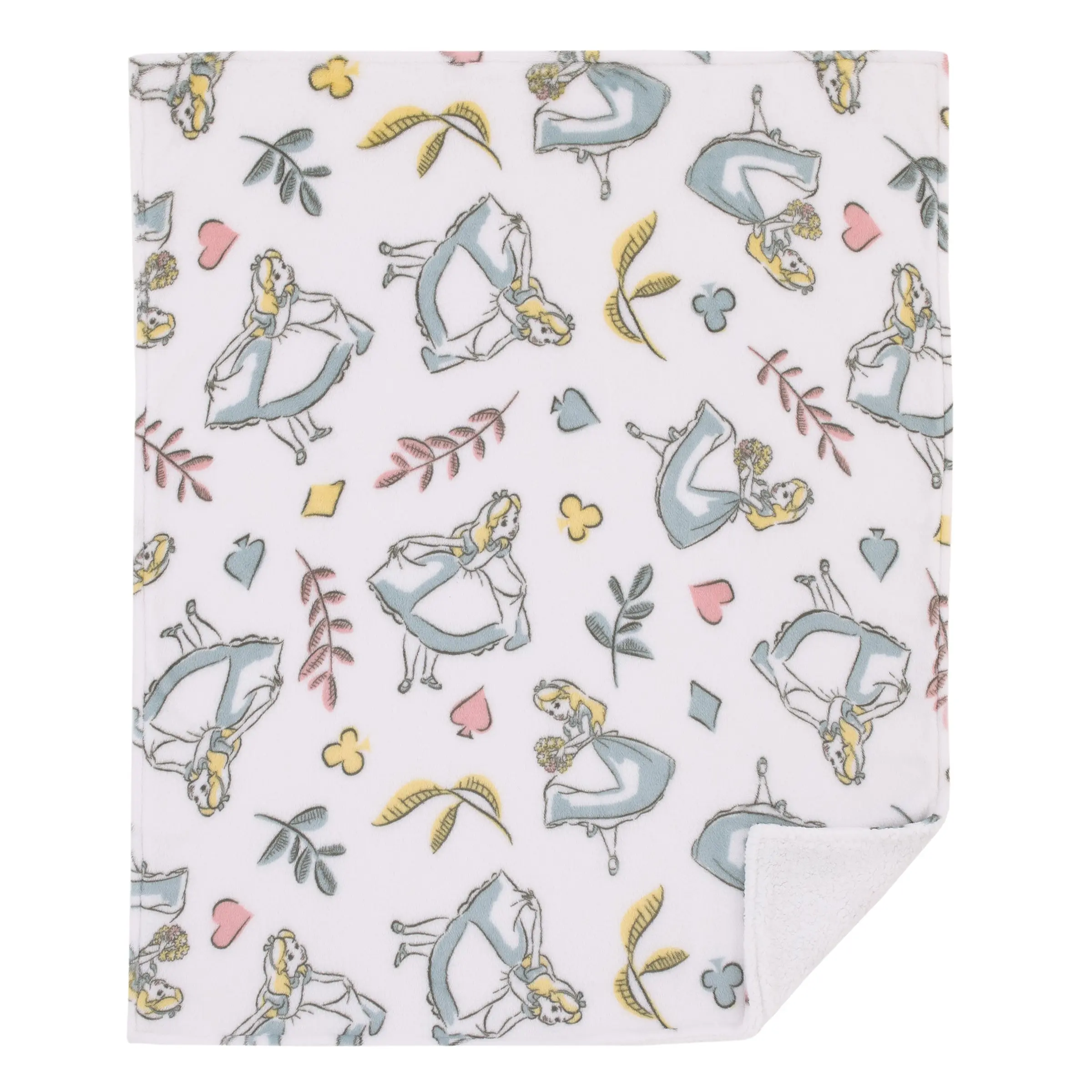 Disney Alice in Wonderland Light Blue, Pink, Yellow, and White Super Soft Plush Sherpa Baby Blanket