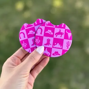 Pink Western Checkered Car Costers