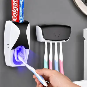 Automatic Toothbrush Holder & Toothpaste Dispenser Set, Wall Mounted Toothpaste Squeezer Organizer for Family Bathroom, Kids & Adults, Black