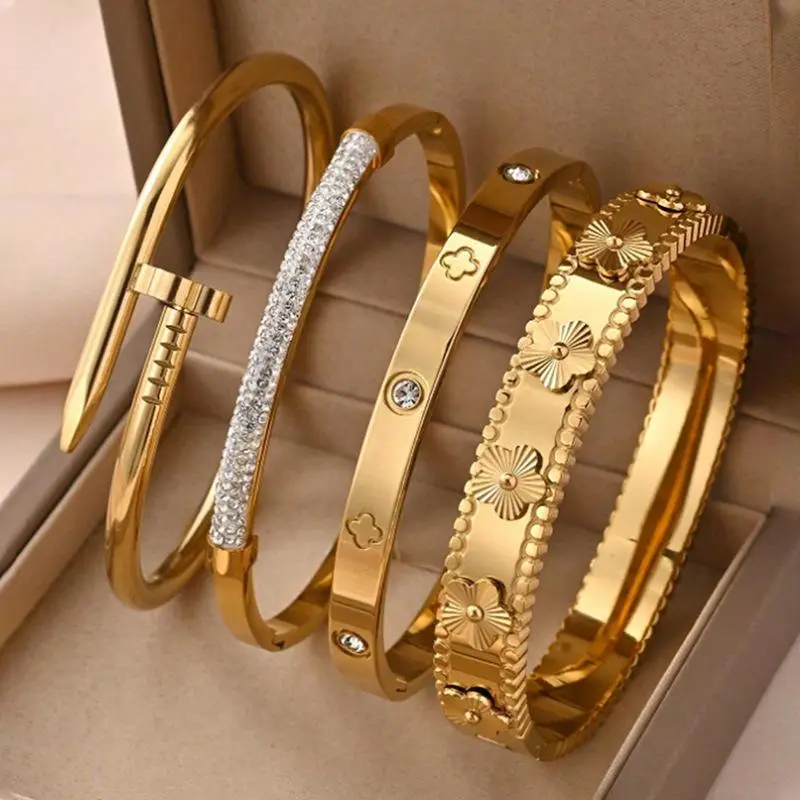 Women's 4-Piece Elegant Stainless Steel Bangle Bracelets Set - Luxury Fashion Jewelry with 5 Styles, Geometric Engraving, Stacked Looks Fit for Everyday Wear, Ideal Gift (Gold)