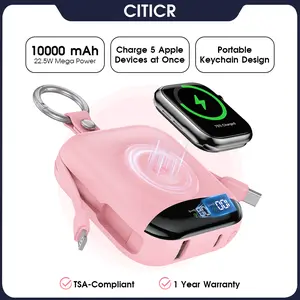 CITICR 10000mAh Portable Wireless Charger 22.5W Fast Charging Power Bank with Built-in Cables, Travel Essentials Battery Pack with LED Display for iPhone, Portable iWatch Charger for 11/10/9/8/7/6/SE/Ultra, Mini power bank