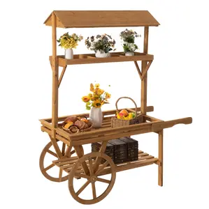 Vintiquewise  Wooden 3 Tier Rolling Table Cart With 2 Wheels for Home Decor, Display Rack, Lemonade stand, Food Stand, or Tea Stall