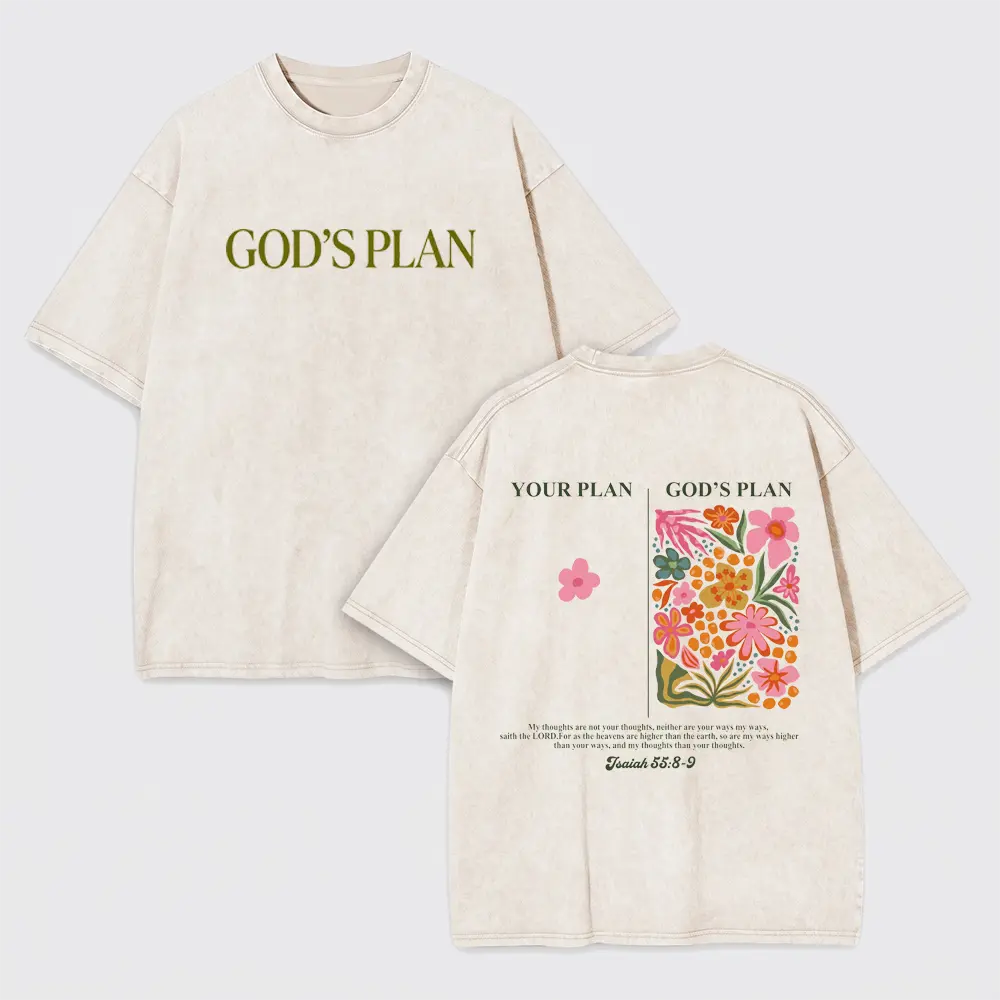 Women's Cotton Retro Washed Christian T-Shirt - God's Plan vs Your Plan Floral Graphic, Isaiah 55:8-9 Bible Verse, Shortleeve, Breathable Solid Fabric, Lightweight Streetwear Tops, Shortsleeve, Women's Clothes, T Shirts, Graphic Shirts