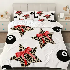 3PCS Duvet Cover Set, 1 Duvet+2 Pillowcases(Without filler), Leopard Star Ribbon Billiard Ball theme, Christmas bedding set, Soft Cozy Luxury Suitable for decoration bedroom, guest room, hotel, apartment.