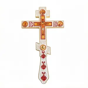 Gold Plated Orthodox Blessing Cross with Stand 34.5cm Ornate IC XC Jesus Cross for Church, Home Altar, and Religious Ceremonies