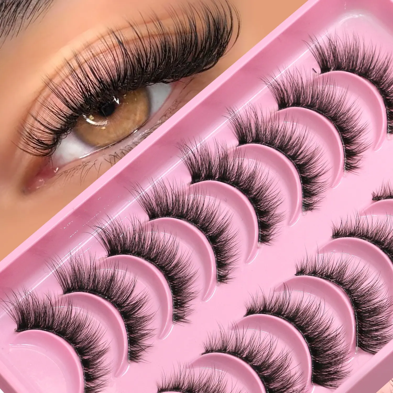GROINNEYA 8 Pairs Cat Eye Lashes Natural Cross Fluffy False Eyelashes Wispy Spiky Lashes Self Adhesive Faux Mink Lashes Soft, Comfortable, Lightweight, Creat Clear Makeup Downy Lashes With Clear Band, Suitable For Date And Daily High Quality Eyelashes
